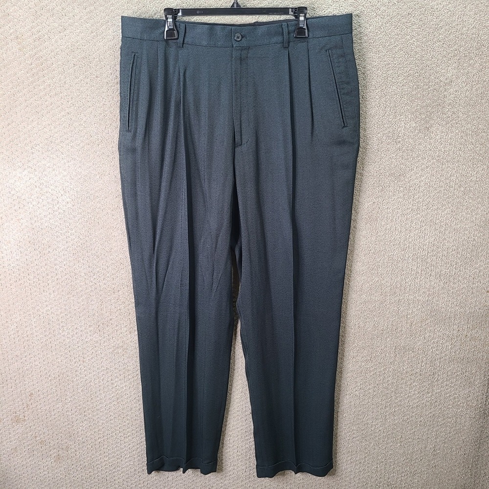 Claiborne Pants Mens 38x32 Green Herringbone Pleated Rayon Blend Formal Trousers